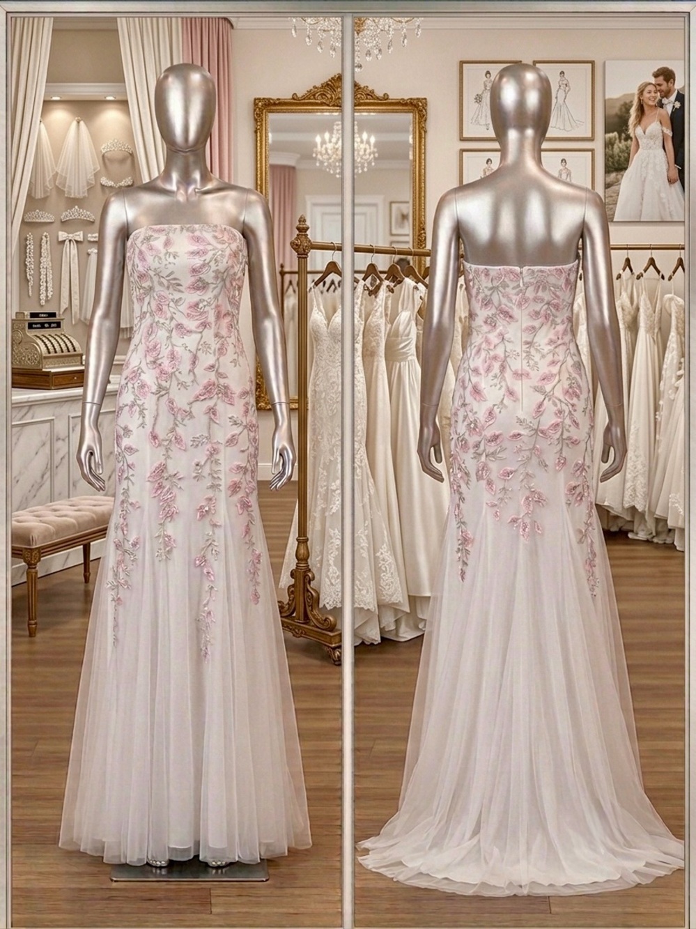 Strapless Pink Floral Embroidered Evening Dress